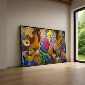 May include: A large framed abstract painting with a black border. The artwork features a vibrant mix of colours, including blues, yellows, and reds, depicting figures and musical instruments. The painting leans against a white wall on a wooden floor.