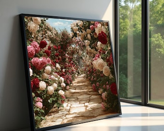 Romantic Rose Pathway Canvas Wall Art, Garden Archway Floral Decoration, Pink and Red Roses Canvas, Nature Walkway Wall Hanging