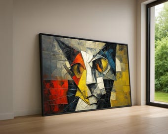 Abstract Cat Face Canvas Wall Art, Geometric Animal Portrait, Modern Home Decoration Colorful Canvas, Ready to Hang Artwork
