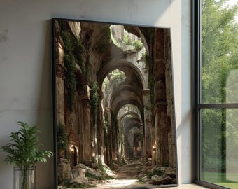 古代遺跡のアーチ道キャンバスウォールアート、生い茂った自然の装飾、ヴィンテージの石造り建築、歴史的な遺跡のキャンバス、時代を超越したホームデコレーション