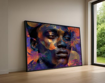 Puede incluir: Una impresión artística enmarcada que presenta un retrato de una persona con tez oscura. La obra de arte utiliza una vibrante paleta de colores de azules, naranjas y morados, creando un efecto visual llamativo. El retrato está sobre una pared neutra.