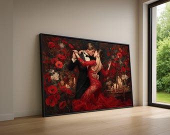 May include: A framed canvas print depicts a couple dancing in a passionate embrace. The woman wears a red gown, and the man is in a tuxedo. The background is filled with red flowers and candles, creating a romantic atmosphere.