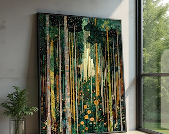 Canvas Gustav Klimt-bos, abstracte boomkunst, bloemen natuur muur decor, modern botanisch canvas, luxe huisdecoratie