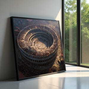 Puede incluir: Impresión enmarcada del Coliseo de Roma, Italia, vista desde arriba. La obra de arte representa el antiguo anfiteatro lleno de espectadores. La impresión está en un marco negro y se apoya contra una pared blanca cerca de una ventana.
