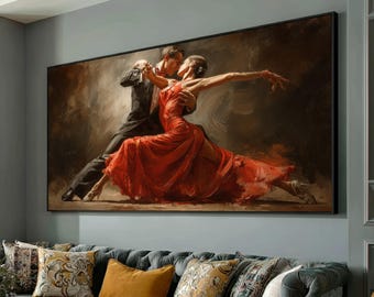 May include: A large framed canvas print depicts a couple dancing the tango. The woman wears a flowing red dress, her arm outstretched. The man is in a black suit. The background is a blend of brown and tan hues.