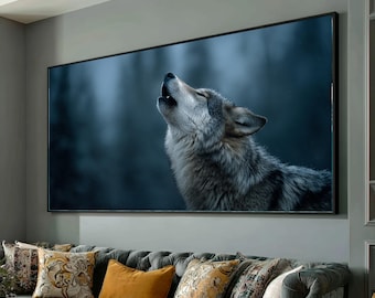 Tela com Lobo Uivando Majestoso, Arte de Parede com Tema da Natureza Selvagem, Impressão de Animal da Floresta de Inverno, Decoração Rústica para Casa, Tela Pronta para Pendurar