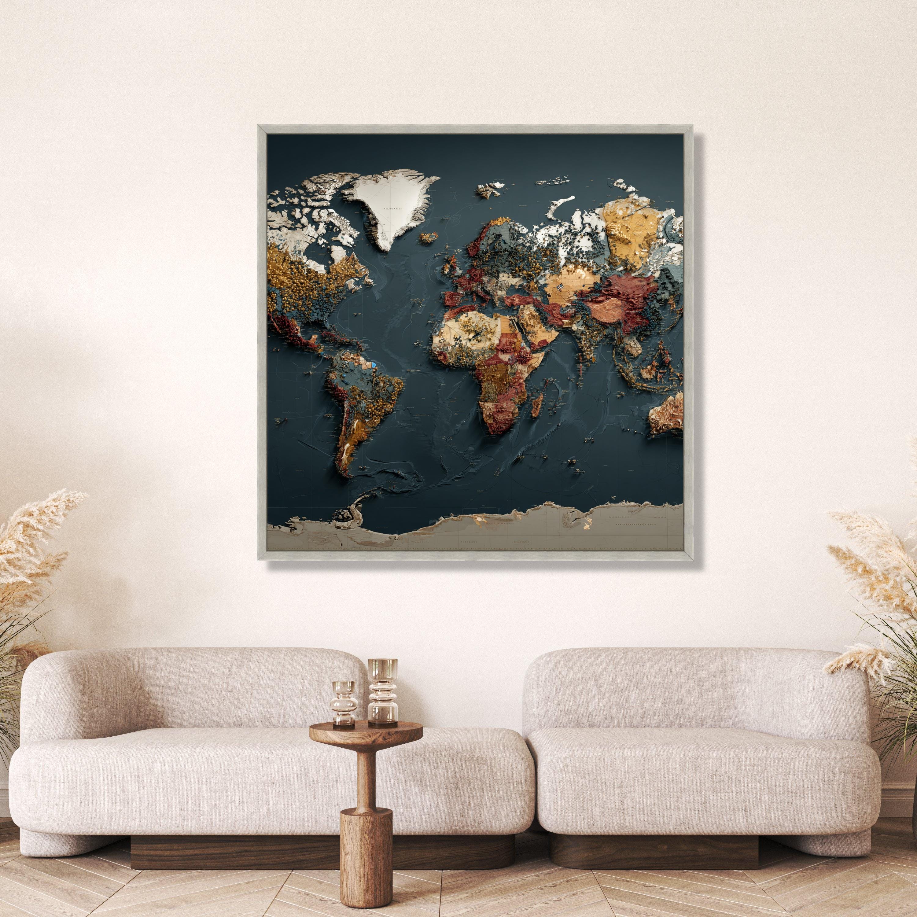 World Map Canvas Wall Art, Vintage Earth Tone Global Map, 3D Style ...