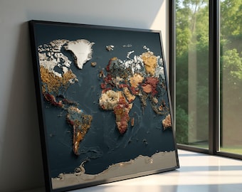 May include: A framed, three-dimensional world map with a dark blue background. The continents are textured with various colors, including gold, red, and brown. The frame is black, and the map is leaning against a white wall near a window.
