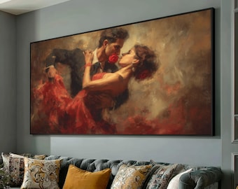 May include: Large framed artwork depicting a couple dancing. The woman wears a flowing red dress, and the man is in a black suit. A red rose is held between them. The background has warm tones.