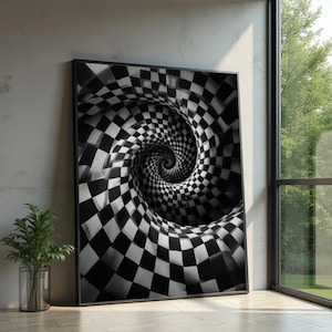 Puede incluir: Obra de arte enmarcada en blanco y negro con un patrón de tablero de ajedrez en espiral. La ilusión óptica crea una sensación de profundidad y movimiento. La obra de arte se exhibe contra una pared neutra, junto a una ventana y una pequeña planta en maceta.
