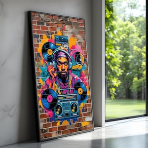 鮮やかなアーバンDJグラフィティアート、レトロなラジカセのウォール