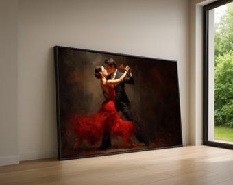 May include: A framed artwork depicts a couple dancing the tango. The woman wears a flowing red dress, and the man is in a black suit. The background has a dark, moody color palette, with the couple as the focal point. A red rose is held by the man.