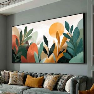 Abstrakte botanische Leinwand Wandkunst, moderne Blätter und Sonnen Design, Wohnkultur, bunte Laub Leinwand, fertig zum Aufhängen