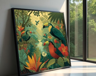 熱帯の鳥のキャンバス画 オオハシとオウム 壁アート ジャングルの野生