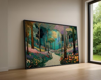 Levendig bospad canvas, Gustav Klimt muurkunst, kleurrijk bloemenlandschap, moderne natuur canvas, botanische huisdecoratie
