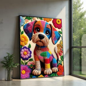 Può includere: Un'opera d'arte incorniciata raffigurante un cane cucito colorato, circondato da fiori ricamati. Il cane ha toppe rosse, blu, arancioni e viola. I fiori sono rosa, gialli e arancioni. L'opera è esposta in un ambiente interno.