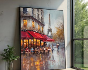 Puede incluir: Pintura enmarcada que representa una escena de café parisino con un toldo rojo, mesas y sillas. La Torre Eiffel es visible al fondo. La obra de arte tiene una calle mojada y reflectante y un cielo nublado.