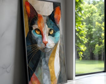 Abstract Cat Portrait Canvas, Geometric Feline Wall Art, Colorful Cat Face Modern Animal Canvas, Home Décor Ready to Hang