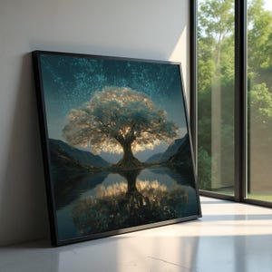 Puede incluir: Impresión artística enmarcada que presenta un gran árbol con un dosel brillante y brillante reflejado en un lago tranquilo. La obra de arte tiene un cielo azul oscuro con un efecto texturizado y está ambientada sobre un fondo de montañas. La impresión está en un marco negro.