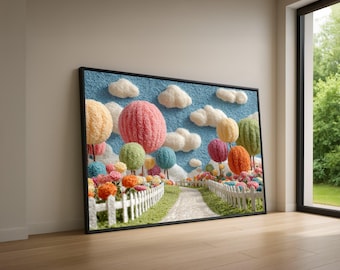Colorful Yarn Trees Landscape, Whimsical Garden Canvas Art, Handmade Wall Decor, Fantasy Nature Scene, Pastel Home Decoration