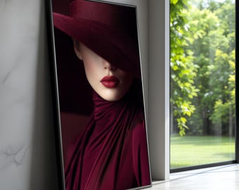 Lienzo con retrato de mujer elegante, arte de moda burdeos, primer plano de lápiz labial rojo, decoración glamurosa y elegante, impresión en lienzo con estilo.