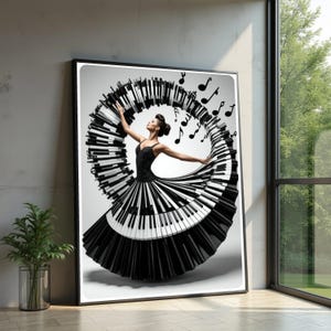 May include: A framed art print featuring a woman in a black dress, her skirt designed as a piano keyboard spiraling outwards. Musical notes float around her. The artwork is in black and white, creating a striking visual contrast.
