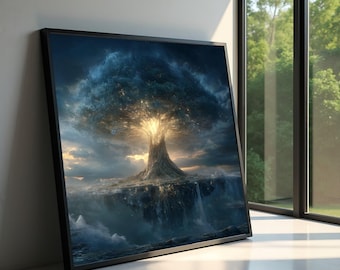 Lienzo de árbol luminoso encantado, arte mural de paisaje fantástico, escena de naturaleza mística, árbol mágico de luz, decoración del hogar, listo para colgar.