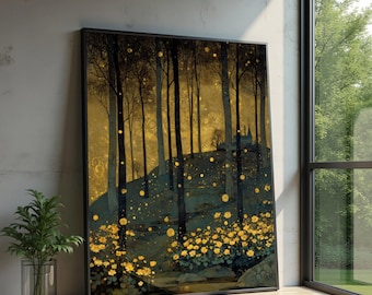 Canvas Gustav Klimt-boslandschap, kunst aan de muur gouden bloemen, vintage natuurscène, canvas kunst, elegante huisdecoratie