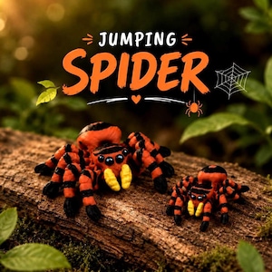 May include: Two orange and black jumping spider figurines with large black eyes and yellow fangs, positioned on a textured log. The text JUMPING SPIDER is displayed above the spiders, accompanied by a small spider web and spider icon.