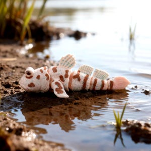 May include: A detailed, handcrafted figurine of a mudskipper fish, featuring a white body with brown spots and stripes. The fish is lying on the muddy bank of a body of water, with its fins and tail visible. The scene is set outdoors with natural light.