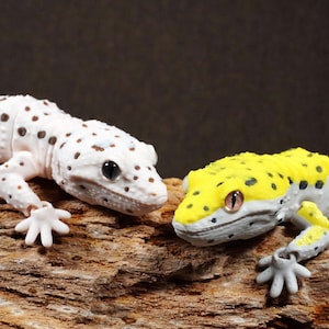 May include: Two detailed gecko figurines. One is white with brown spots, the other is yellow with black spots. Both have realistic features and are posed on a piece of wood, set against a dark background.