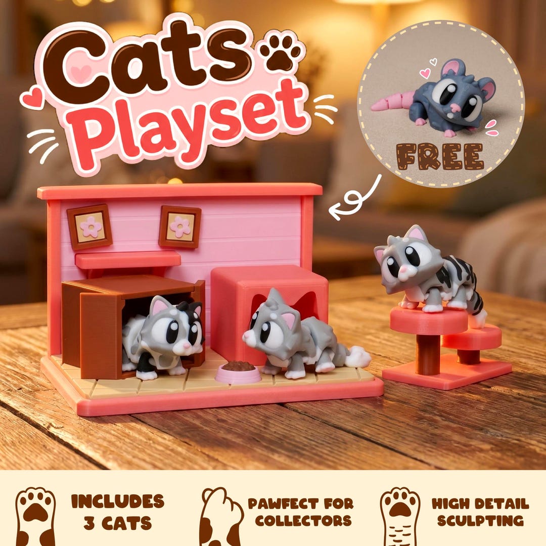 3d-printed Flexi Cat Playset - 5.7 Inches | Mini Feline Figures ...