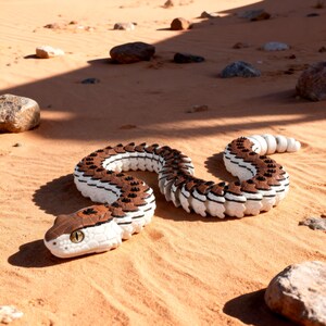 May include: A detailed, articulated snake toy with a brown and white segmented body, a brown head, and a white tail. The snake is lying on a sandy surface with rocks scattered around. The snake's eye is yellow.