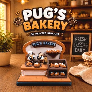 May include: A 3D printed diorama titled PUG'S BAKERY featuring two pug figurines behind a counter. One pug wears a white chef hat. The display includes shelves stocked with various miniature bread loaves and pastries, with a sign reading PUG'S BAKERY.
