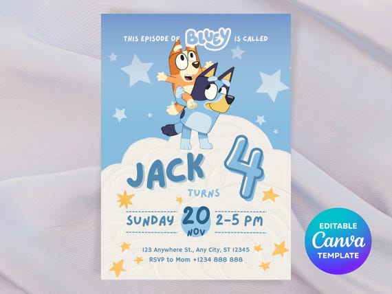 Bluey Birthday Invitation Template | Editable Canva Kids Party Invite | Theme Birthday Card