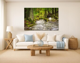 Forest Stream Wall Art, Green Woodland Creek Photograph, Peaceful Nature Canvas Decor for Cabin or Living Room
