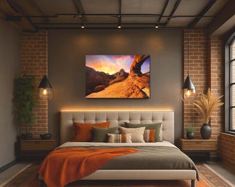 Desert Sunrise Canvas Wall Art, Western Rock Landscape Photograph, Warm Mountain Decor for Living Room or Office