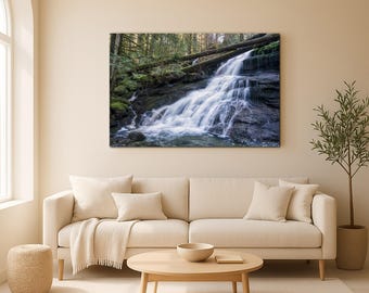 Forest Waterfall Wall Art, Cascading Woodland Stream Photo, Calm Nature Canvas Decor for Living Room or Lodge