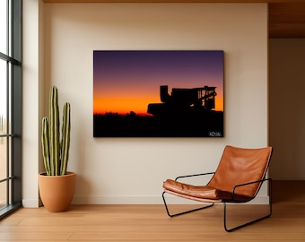 Farm Combine Harvester Sunset Print, Silhouette Photography, Farmhouse Wall Art