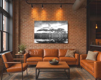 Black and White Mountain Lake Print, Misty Landscape Photography, Lake Reflection Wall Art for Modern Nature Decor