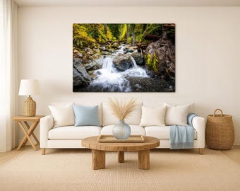 Forest Waterfall Photography, Mossy Creek Landscape Wall Art, Flowing Stream Nature Print for Rustic Cabin Decor