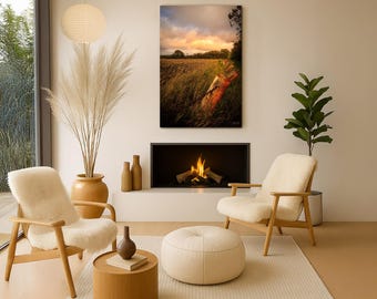 Country Farm Field Sunset Wall Art Print, Autumn Landscape Photography