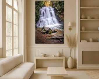 Forest Waterfall Art, Tall Woodland Waterfall Canvas, Green Nature Landscape Print for Meditation Room or Lodge