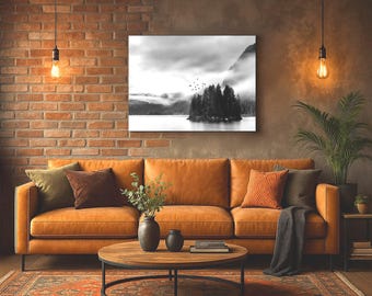 Misty Mountain Wall Art, Black and White Forest Photography, Moody Nature Landscape Print for Modern Cabin Decor