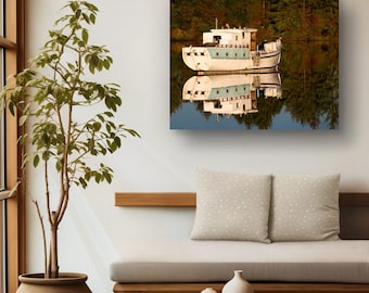 Boat Reflection Wall Art, Calm Water Photography, Rustic Nautical Decor for Coastal Home or Living Room