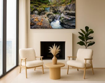 Forest Waterfall Wall Art, Rocky Woodland Stream Photograph, Green Nature Landscape Decor for Modern Nature Room