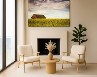 Rural Farm Photography Wall Art, Prairie Barn and Canola Field Landscape