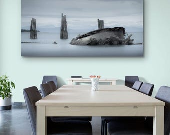 Coastal Wall Art, Vancouver Island Wall Art, Moody Blue Grey Shipwreck Photo, Panoramic Nautical Decor