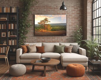 Lone Tree Sunset Landscape Photography Print, Snowcapped Mountain View