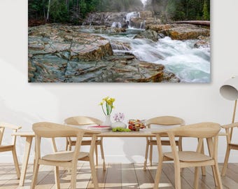 Panoramic Waterfall Wall Art, Large Rocky Forest Landscape, Moody Earth Tone Decor for Living Room or Rustic Cabin